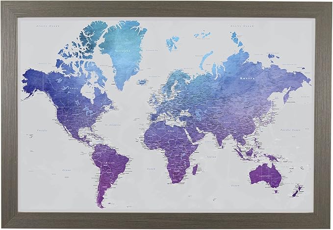 Push Pin Travel Maps - Vibrant Violet Watercolor World - Barnwood Gray Framed Pin Map for Tracking Your Travels - 27.5" x 39.5" - 8 Handcrafted Frame Options - Made in USA - Ideal for Any Traveler