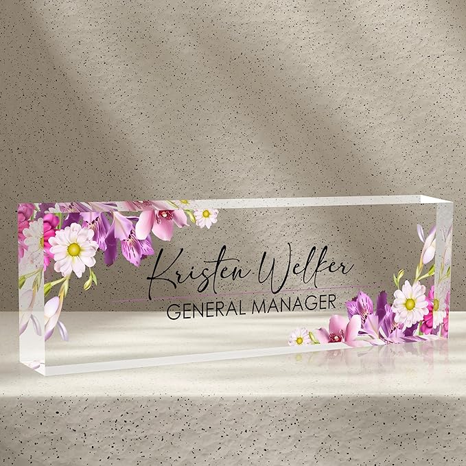 Personalized Name Plates for Office - Gifts for Teacher, Boss, Employee Appreciation - Office Desk Decor (Floral)