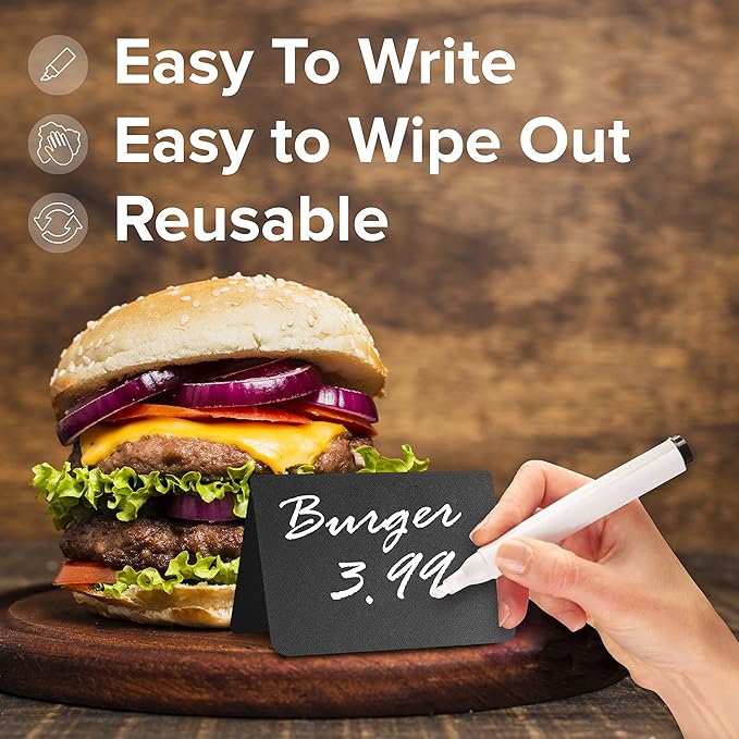 30 Pack Chalkboard Table Tents 4x3 – Reusable Food Labels for Buffet, Bakery, Catering & Party Displays – Plastic Standing Chalkboard Tags & Tabletop Signs