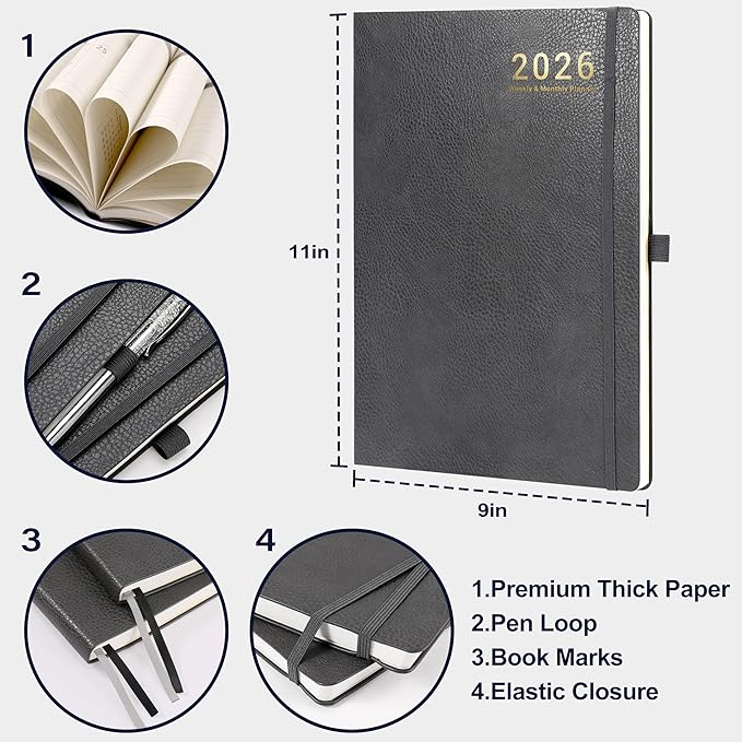 2026 Planner - 2026 Planner Weekly and Monthly, Jan. 2026 - Dec. 2026, 8.5" x 11", Leather Cover Planners with Thick Paper, Back Pocket with Notes Pages - Grey