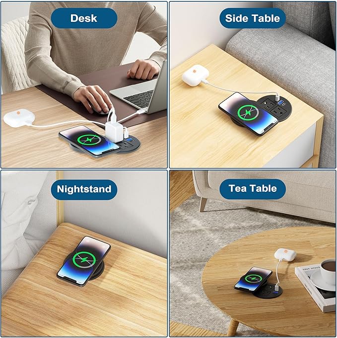 3 Inch Desk Power Grommet with 10W Wireless Charger, 20W USB C Fast Charging Station,2 AC TR Outlets, Round Flush-Mount Recessed Power Strip for Conference Rooms, Office Tables, Furniture, 6FT Cord