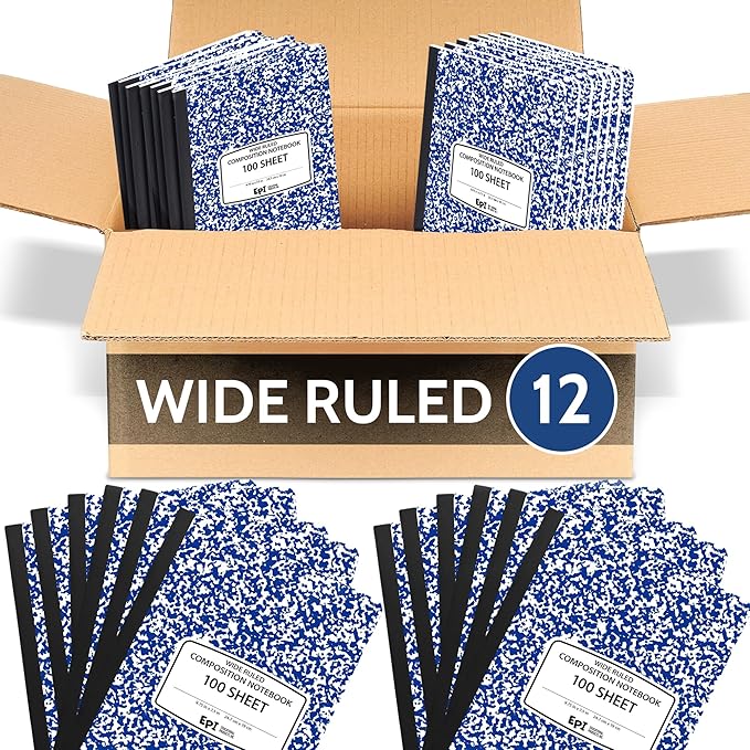 EPI 12 Pack - Blue Marble Composition Notebook - Wide Ruled 200 Page Note Book - 9.75 x 7.5 Inch Hardcover Journal with Sewn Binding for Secure Pages - Classroom Back To School Supplies