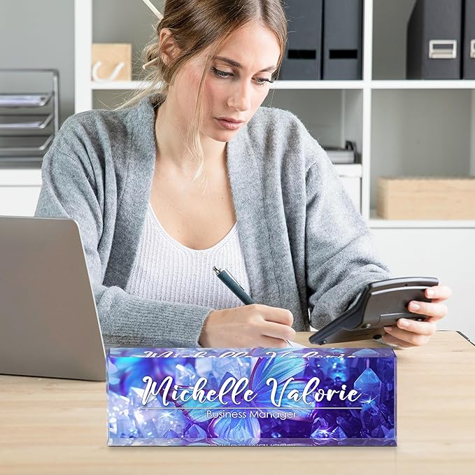 Personalized Name Plate for Desks, Custom Desk Name Plates, Acrylic Name Plate Office Desk Accessories, Personalized Office Gifts for Coworkers Teachers, Employee Appreciation Gifts (Crystal Butterfly)