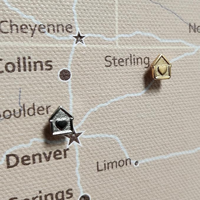 Mini House Push Pins - Gold House Pins - for Cork Board, Maps, or Lapel Pin Use - Designed in USA - Set of 20