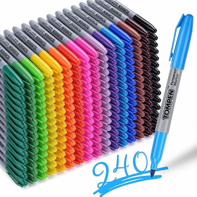 TOMPEN Permanent Markers Fine Tip 240 Pack Bulk,16 Assorted Colors,Waterproof Permanent Marker with Quick Drying on Valentine's Day card,Wood,Plastic,Paper,Metal,Mirror for Office School Classroom
