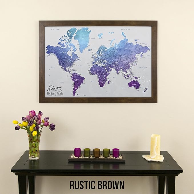 Canvas - Personalized Vibrant Violet World Push Pin Travel Map with Rustic Brown Frame