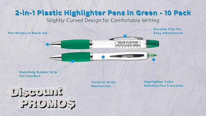 DISCOUNT PROMOS Personalized Plastic Highlighter Pens - 10 pack - Customizable Text, Logo - Green