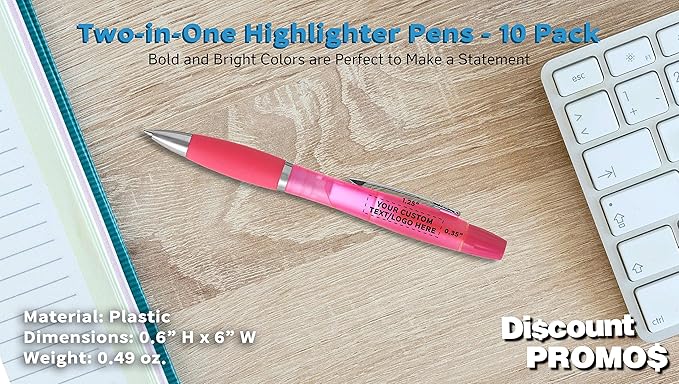 DISCOUNT PROMOS Personalized Two in one Highlighter Pens - 10 pack - Plastic Pens - Customizable Text, Logo - Pink