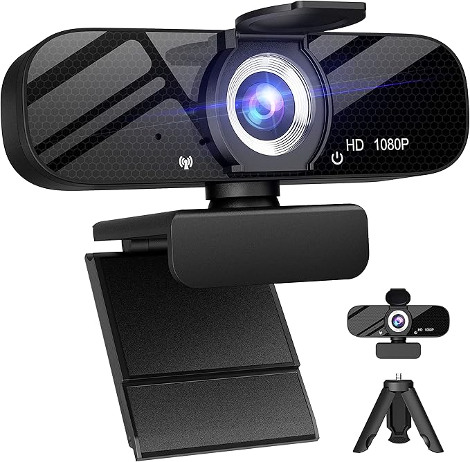 Tewiky 1080P Webcam with Microphone and Rotatable Tripod Wide Angle Camera for Desktop PC or Laptop Computer,Plug and Play, for Zoom/Skype/Teams, Conferencing and Video Calling