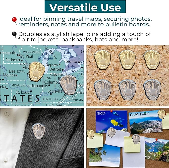 Baseball Glove Push Pins - Silver Baseball Glove Map Pins for Cork Boards, Maps, or Lapel Use - Designed in USA - Set of 10