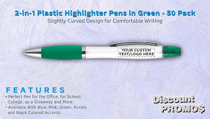 DISCOUNT PROMOS Personalized Plastic Highlighter Pens - 50 pack - Customizable Text, Logo - Green