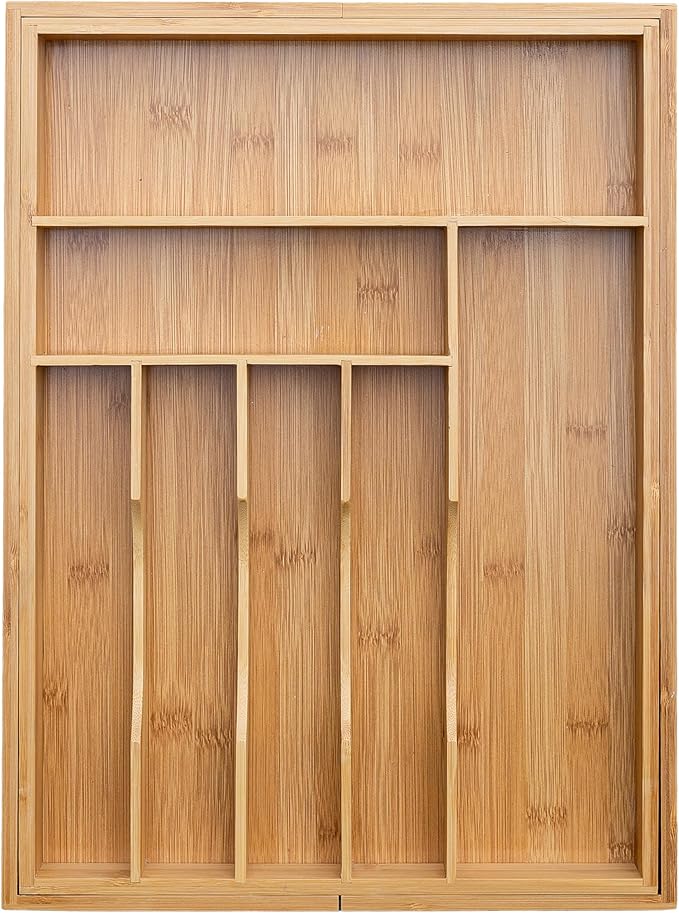 Cutlery Drawer Organizer for Kitchen Utensils, 13-20 Inches Expandable Bamboo Utensil Tray, Large Wooden Silverware Organizer Insert for Kitchen Drawers