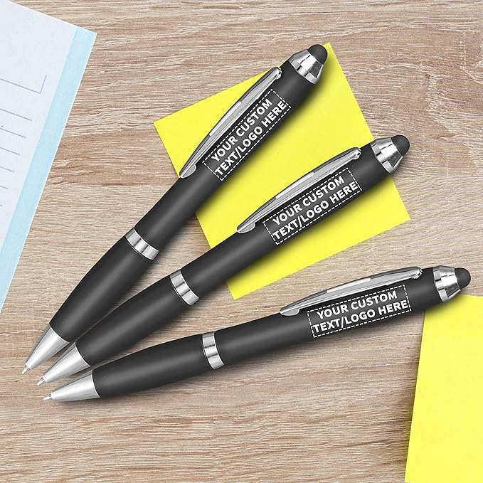 DISCOUNT PROMOS Custom Plastic Stylus Pens Set of 100, Personalized Bulk Pack - Black Ink, Great for Office, School, Business, Tradeshows, Events - Black