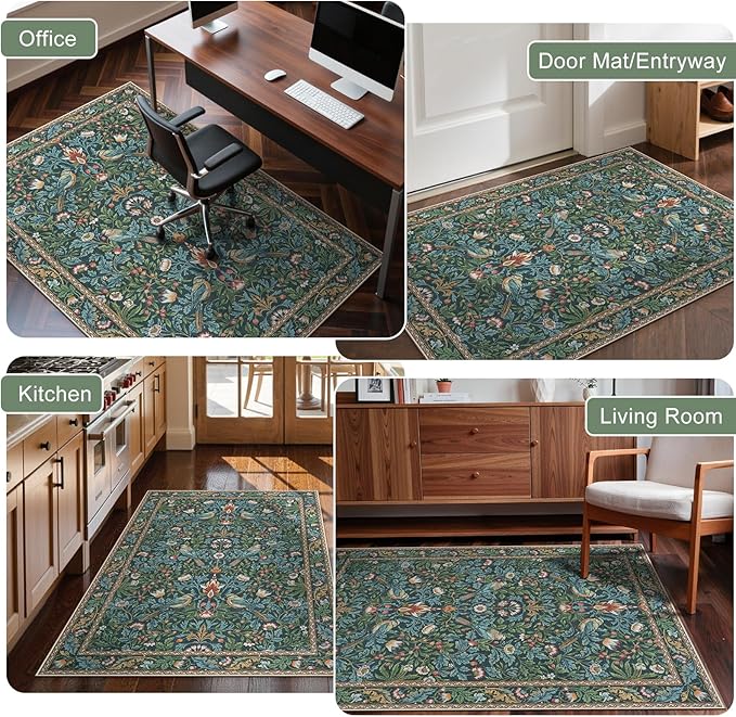 Anidaroel 48"x60" Office Chair Mat for Hardwood Floor, Anti-Slip Floor Mat for Office Chair, Vintage Floral Bird Desk Floor Mat, Low Plie Office Rugs for Rolling Chairs, Navy Blue