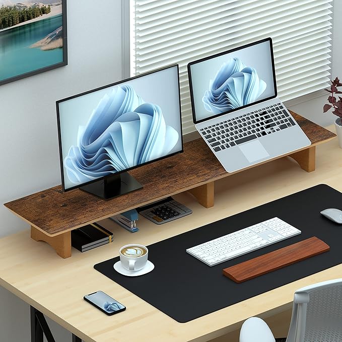 Large Dual Monitor Stand Riser - Solid Wood Desk Shelf with Eco Cork Legs for Laptop Computer/TV/PC/Printers, Perfect Desktop Stands Organizer with Underneath Storage for Office Accessories,Vintage