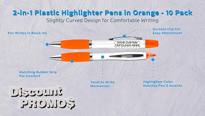 DISCOUNT PROMOS Personalized Plastic Highlighter Pens - 10 pack - Customizable Text, Logo - Orange