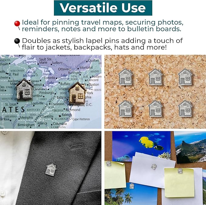 Big House Push Pins - Silver Metal Home Pins - for Cork Board, Maps, or Lapel Pin Use - Designed in USA - Set of 20