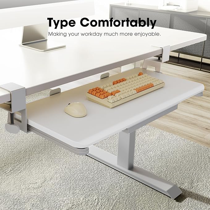 Fenge Keyboard Tray Under Desk, Pull Out Keyboard & Mouse Tray with C Clamp Mount, Sliding Keyboard Holder for Desk, 25.6 x 11.8 inch Large Slide-Out Platform Computer Drawer for Typing, White