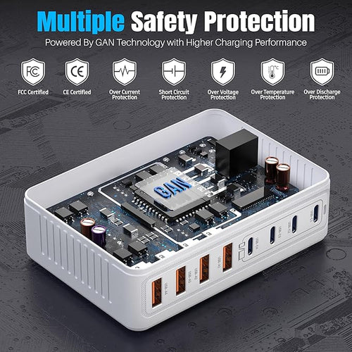 200W GaN III 8-Ports USB C Fast Charger, Type C Block, QC4.0 Fast Phone Charging Station Hub PD 65W Charger Power Adapter for iPad/Air/Pro/iPhone 17/16 MacBook Pro/Air, Galaxy Phones, Tablet