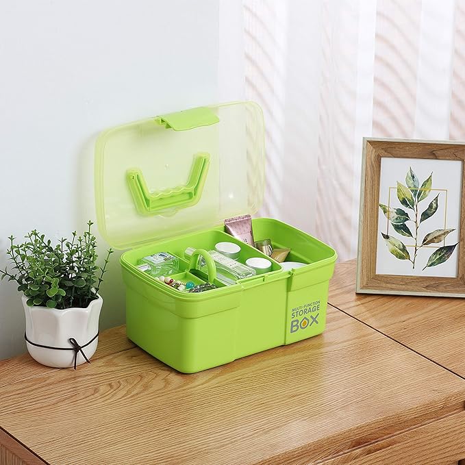 11'' Plastic Storage Box with Removable Tray, Multipurpose Organizer and Storage Case for Art Craft and Cosmetic (Green)