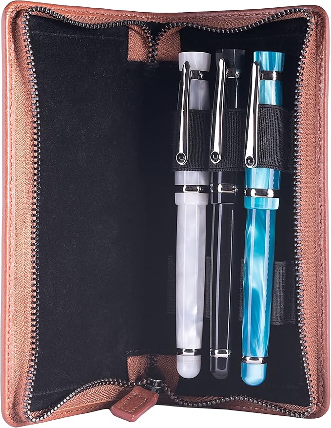 DiLoro Leather Zippered Triple or Quad Pen Case Pencil Pouch Holder for Three or Four Fountain Ballpoint Rollerball Pens or Glasses (Nappa Bugatti)