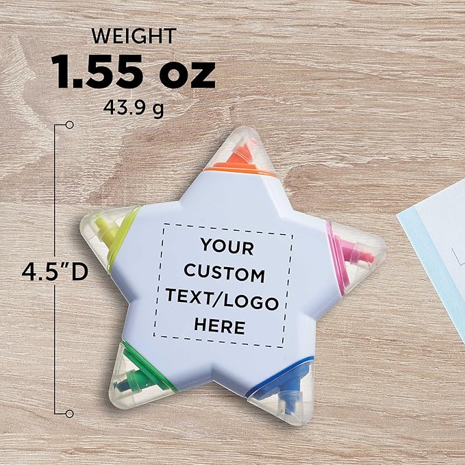 DISCOUNT PROMOS Custom Highlighters Set of 10/50/100, Personalized Bulk Pack Durable Chisel Tip Textbook Highlighters Handy and Easy to Store - Star
