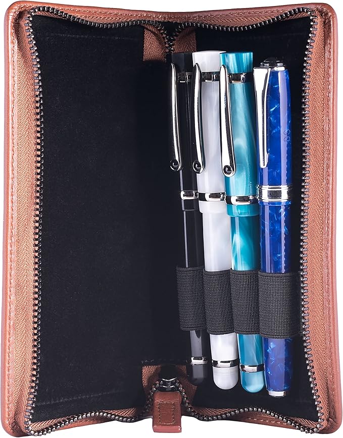 DiLoro Leather Zippered Triple or Quad Pen Case Pencil Pouch Holder for Three or Four Fountain Ballpoint Rollerball Pens or Glasses (Nappa Bugatti)