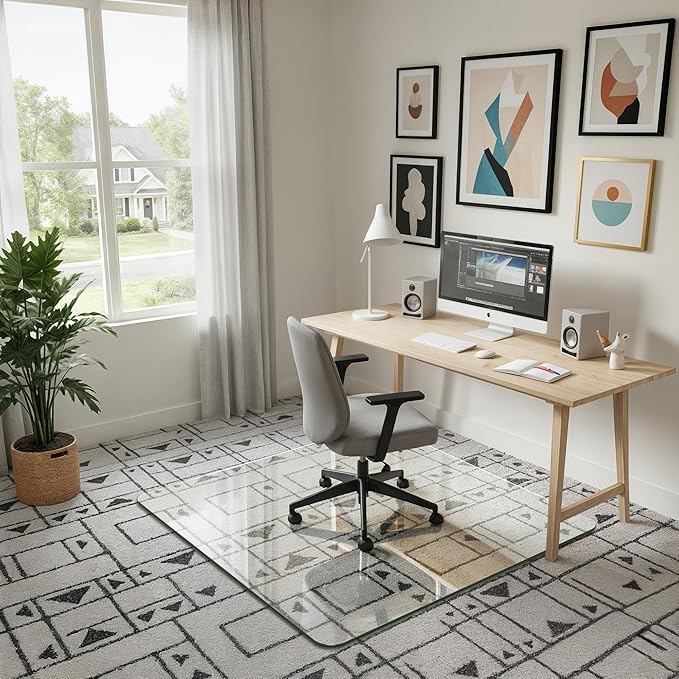 Homsion 45"x45" Tempered Glass Office Chair Mat for Carpet & Hardwood Floor, 1/5" Thick Clear Floor Protector Desk Chair Mat with Rounded and Polished Edges