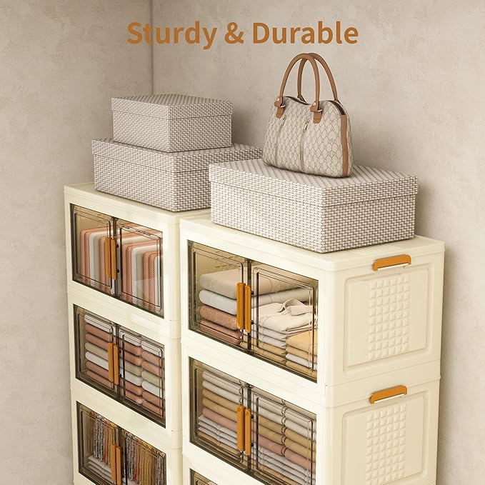 Plastic Stackable Storage Bins with Lids and Wheels, 720QT-180QT*4Tier Foldable Closet Organizers and Containers, Collapsible Clear Drawer Storage Cabinet with Doors Ivory White