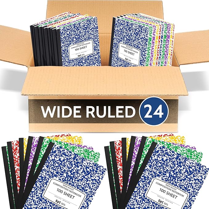 EPI 24 Pack - Assorted Colors Marble Composition Notebook - Wide Ruled 200 Page Note Book - 9.75 x 7.5 Inch Hardcover Journal with Sewn Binding for Secure Pages - Classroom Back To School Supplies