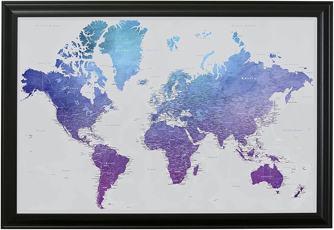 Push Pin Travel Maps - Vibrant Violet Watercolor World - Black Frame Framed Pin Map for Tracking Your Travels - 27.5" x 39.5" - 8 Handcrafted Frame Options - Made in USA - Ideal for Any Traveler