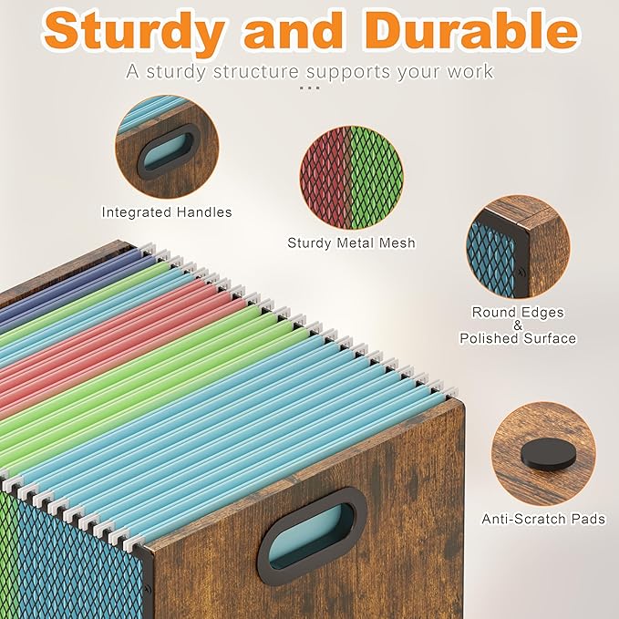 Piskyet 2Pcs Wooden Hanging File Organizer for desk, Metal Mesh File Folder Organizer Crate Cabinet Storage Box with Handle for Home Office Desk,Letter - Size,Rustic Brown