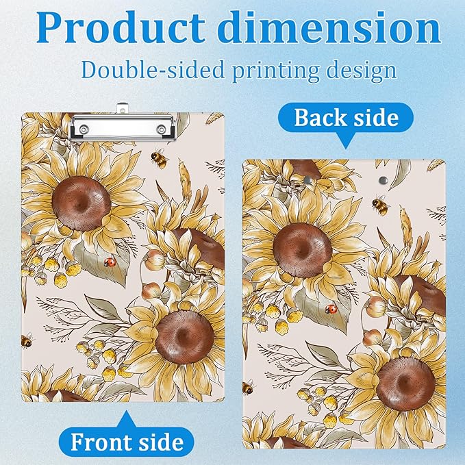 Fall Sunflowers Clipboard Decorative Clip Board with Metal Clip A4 Standard Size 12.5" X 8.7" for Teacher Students Nurses Office
