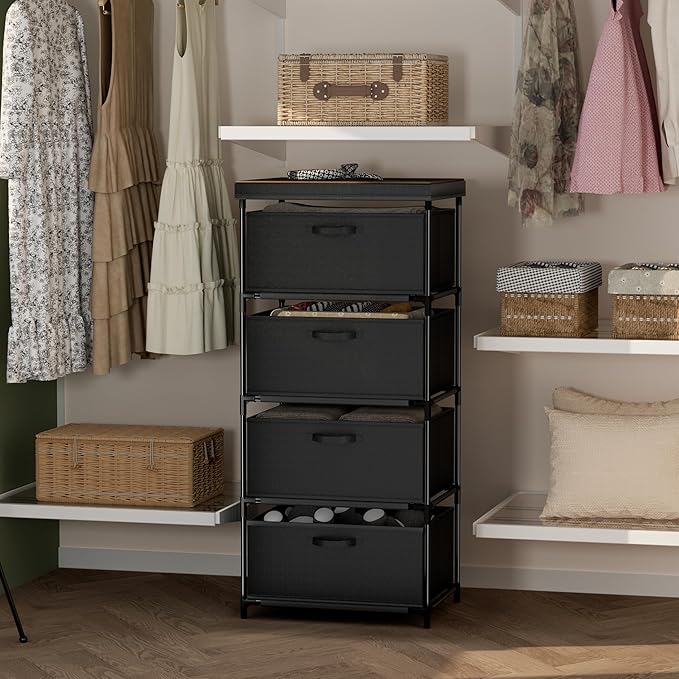 Dresser with 4 Fabric Drawer Stand Desktop Sturdy Metal Plastic Support Tube Cube Storage Cabinet for Bedroom Organization Dorm Front Hall Entryway