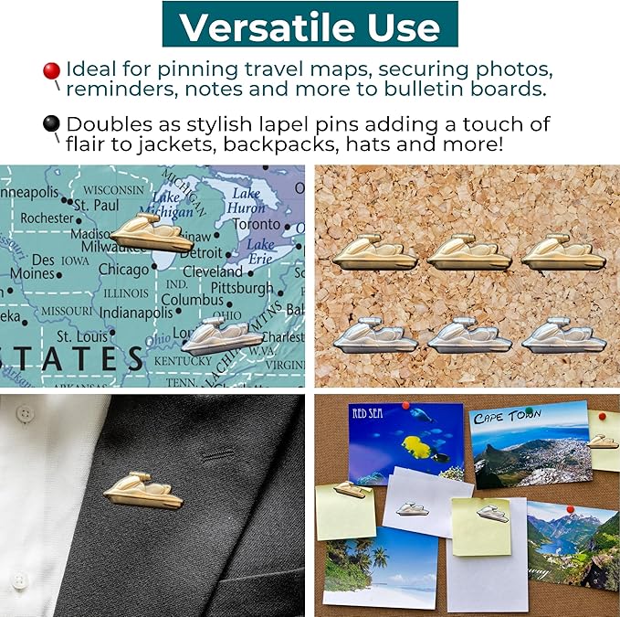 Jet Ski Push Pins - Gold Jet Ski Map Pins for Cork Boards, Maps, or Lapel Use - Designed in USA - Set of 4