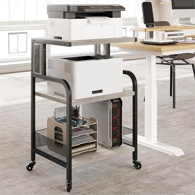 GarveeLife Printer Stand with Power Outlets, 3-Tier Rolling Printer Table with Lockable Wheels, Heavy Duty Printer Cart with Adjustable Shelves, Utility Storage Cart for Home, Office, Gray
