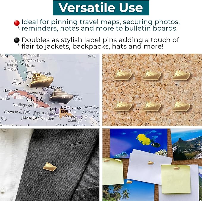 Cruise Ship Push Pins - Gold Metal Cruise Ship Pins - for Cork Board, Maps, or Lapel Pin Use - Designed in USA - Set of 10