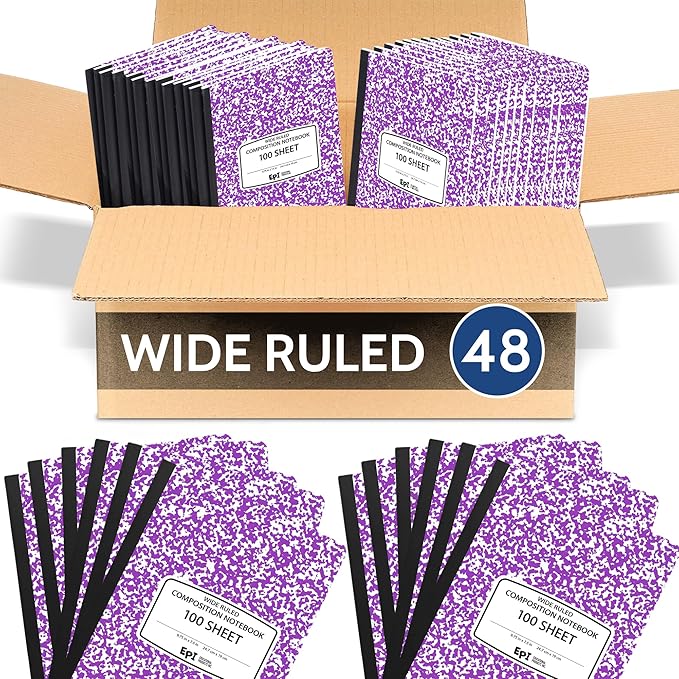 EPI 48 Pack - Purple Marble Composition Notebook - Wide Ruled 200 Page Note Book - 9.75 x 7.5 Inch Hardcover Journal with Sewn Binding for Secure Pages - Classroom Back To School Supplies