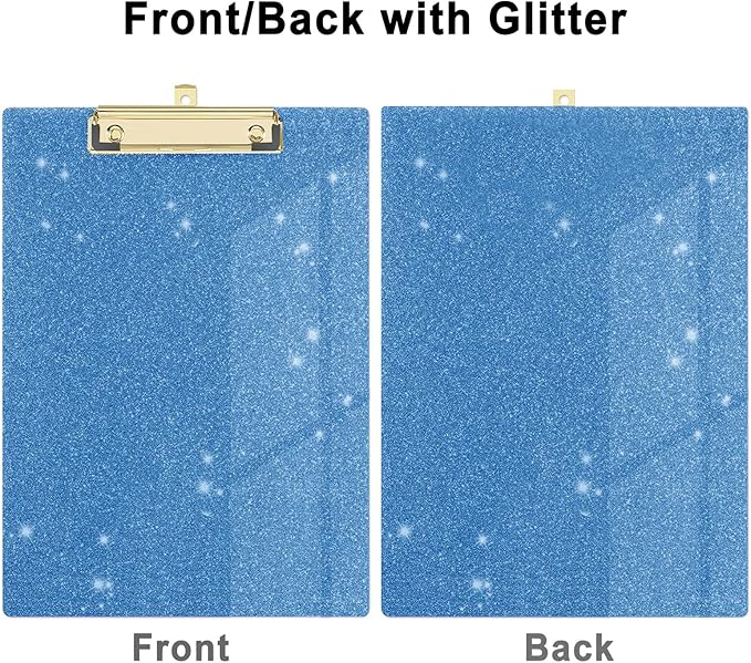 Glitter Acrylic Clipboard Decorative Standard A4 Letter Size 12.2" x 8.7", Fashion Bling Clip Boards with Designed Low Profile Gold Clip for Classroom Office - Light Blue