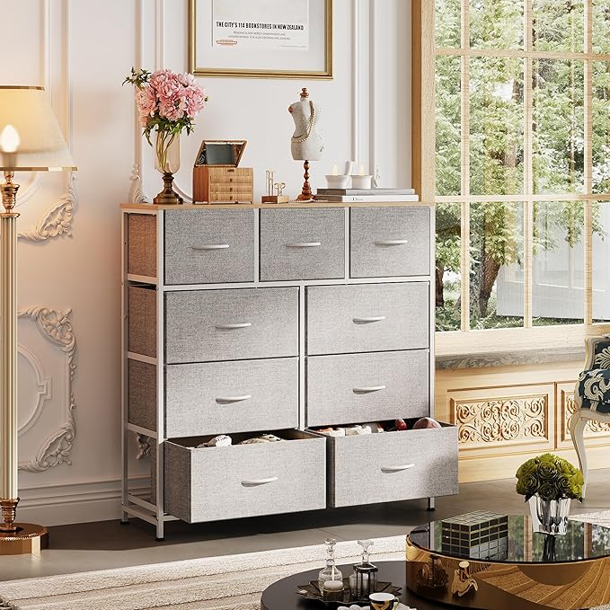 WLIVE 9-Drawer Dresser, Fabric Storage Tower for Bedroom, Hallway, Entryway, Closet, Tall Chest Organizer Unit with Fabric Bins, Steel Frame, Wood Top, Easy Pull Handle, Light Grey