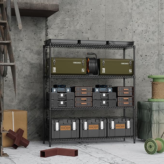 4 Tiers Storage Shelves Load 2640LBS, Metal Shelving Wire Metal Shelving Unit Shelves for Storage Adjustable Garage Shelving for Pantry Kitchen Garage Black 17.7" D x 59.1" W x 70.4" H