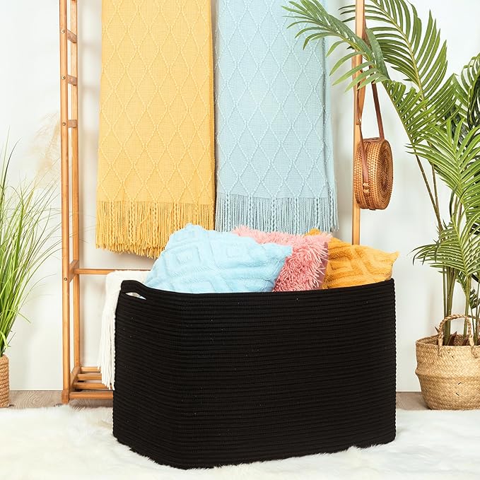 MINTWOOD Design 112L Extra Large Blanket Basket Holder Living Room, 25"x17"x16" Rectangle Rope Woven Storage Basket with Handles for Laundry, Pool Towels, Shoes, Dog Toy Organizer Bin Box, Black
