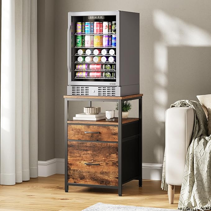 Mini Fridge Stand with 3 Storage, Mini Fridge Cabinet, Beverage Fridge Table, Heavy Duty 18.11" L* 18.11" W Tabletop, for Dorm, Apartment,Office, Bedroom Rustic Brown HB03BXN
