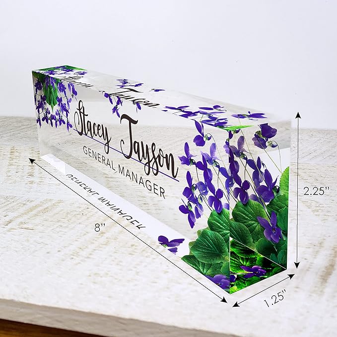 Artblox Personalized Name Plate For Desk | Violets Flowers Design On Clear Acrylic Glass | Custom Desk Name Plate Personalized With Your Name And Credentials For Teacher Phd Military Office Name Plate