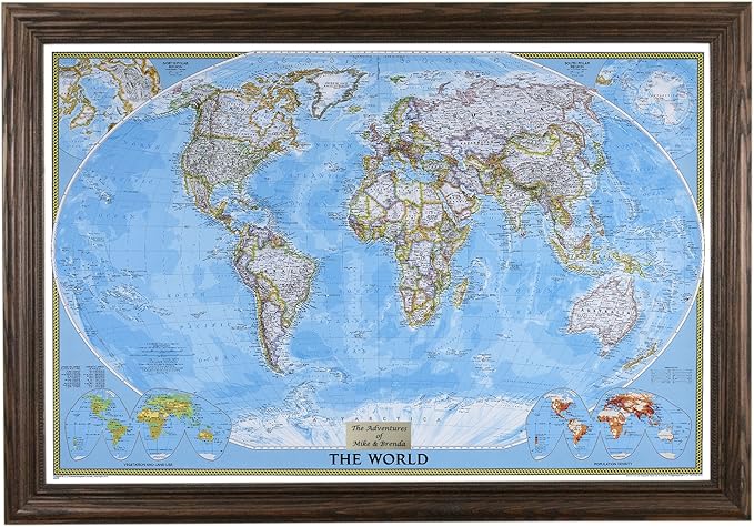 Personalized Classic World Push Pin Travel, Solid Wood Brown with 150 Pins - 27.5 inches x 3 9.5 inches - Made in USA