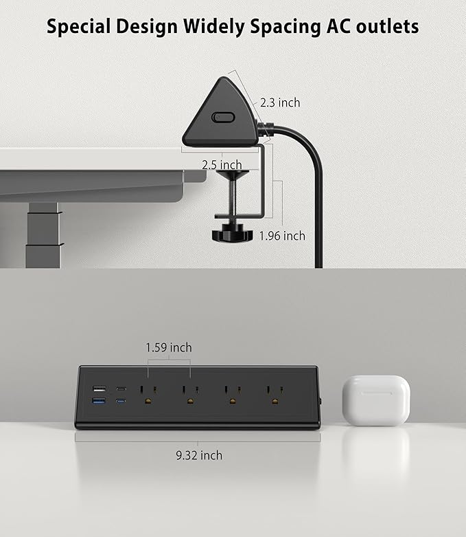 Jgstkcity Desk Clamp Power Strip,20W Fast Charging Station,Surge Protector Nightstand Edge Mount,1875W Extension Cord with Multiple Outlets,2 USB-C,2 USB-A,for Home Office (Black, 2PCS-6 FT)