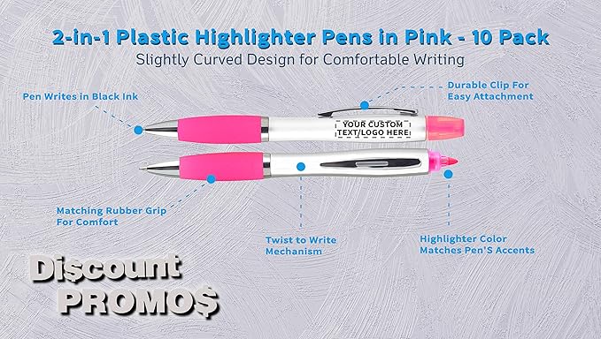 DISCOUNT PROMOS Personalized Plastic Highlighter Pens - 10 pack - Customizable Text, Logo - Pink