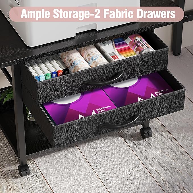 Large Printer Stand with Storage Fabric Drawer Under Desk Printer Table with Wheels for Home Office, Printer Cart fit Fax Machine Scanner 23.4"x15.7" (Black, 2 Tiers)