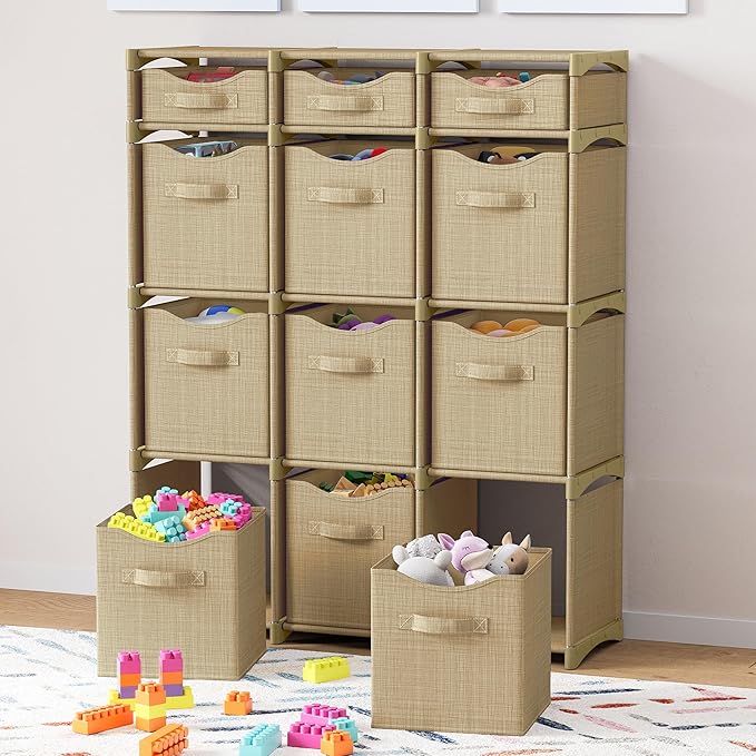 12 Cube Closet Organizer And Storage Unit With Drawers | Includes All Storage Bins | Easy To Assemble Room Organizer For Clothes, Baby, Bedroom, Playroom, Dorm (Beige)