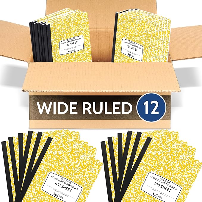 12 Pack EPI Wide Ruled Yellow Cover Composition Notebook, Bulk, 200 pages (100 Sheets), 9-3/4 x 7-1/2, Marble, Bulk School Supplies, Hard Cover, Durable, Office Notebooks, Sturdy Sewn Binding